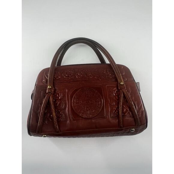 Vtg Aztec Hand Tooled Brown Leather Satchel Purse Mexico Mayan Boho Bag Roses - Picture 1 of 16